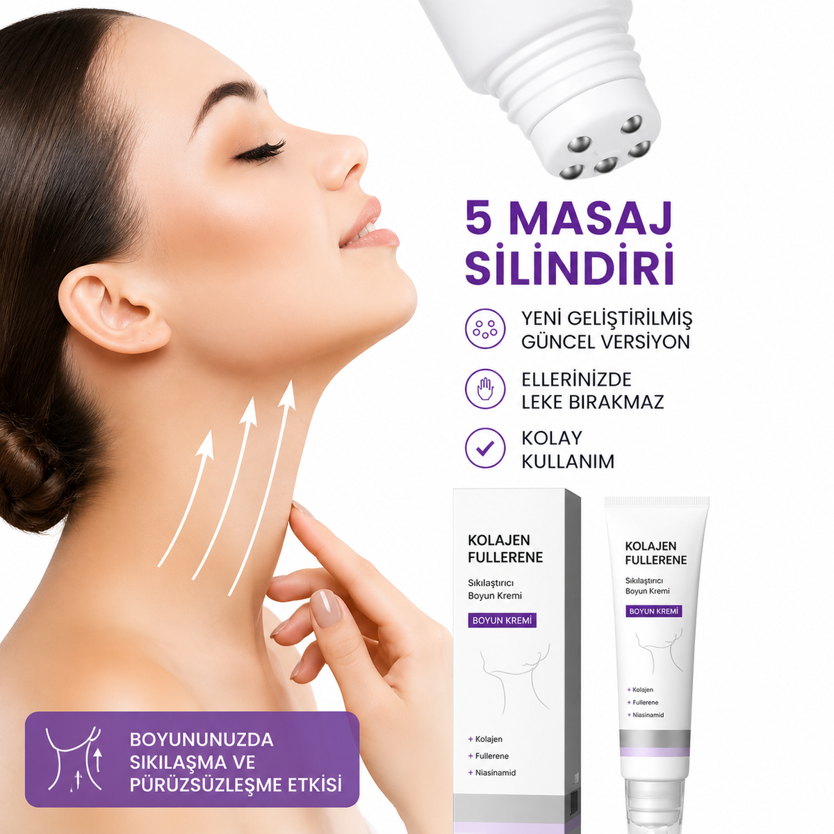 Silindir Masajlı Boyun Kremi Kolajen ve Hyaluronik Asit | Boynu Sıkılaştırır, Kırışıklıkları ve Çift Çeneyi Azaltır
